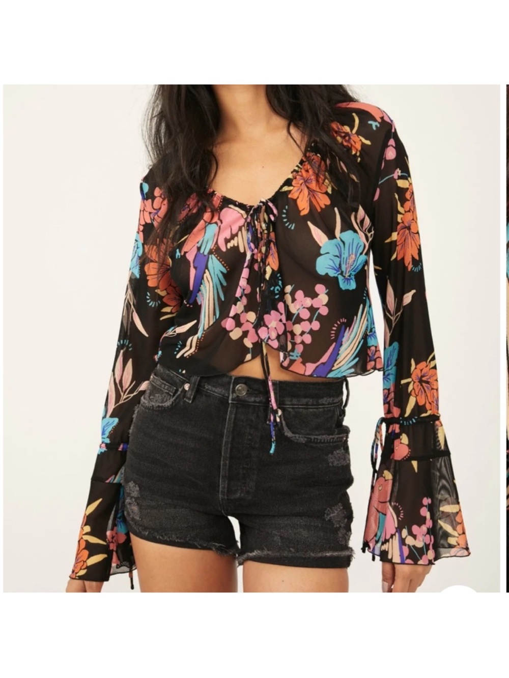 Free People, Paradise Sheer, Black Floral Tie-Front Top